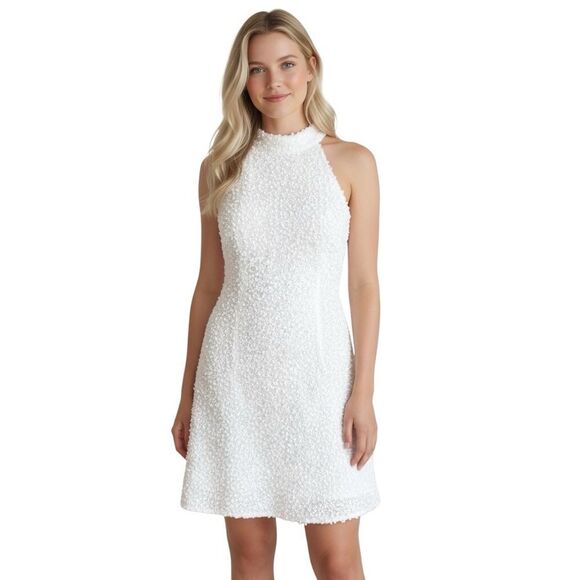 NWT Liv Foster Ivory White Sequin Halter Mini Dress - Picture 1 of 7